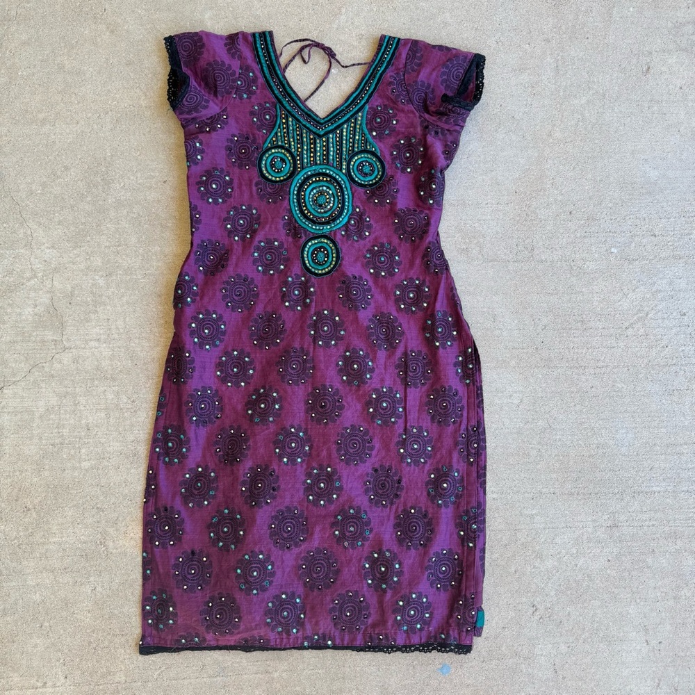 Purple Indian Embroidered Mirror Sparkle Boho Long Kameez Tunic Top/Dress